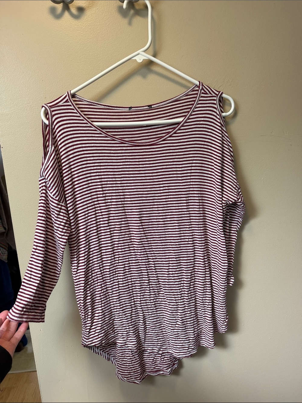 Striped Cold-Shoulder Long Sleeve Top - Burgundy/White